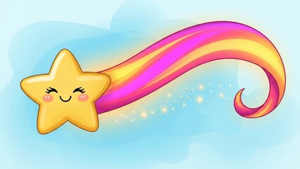 A cheerful golden star with rosy cheeks leaving a sparkling, vibrant rainbow trail in the blue sky