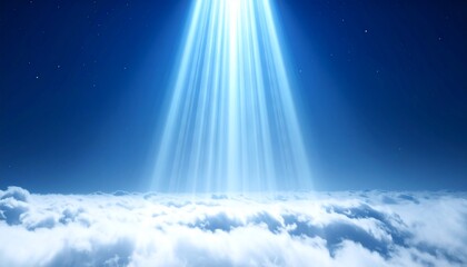 Radiant celestial light beams piercing through a serene blue sky, illuminating an ethereal layer of soft, fluffy clouds, evoking feelings of hope, spirituality, and divine inspiration