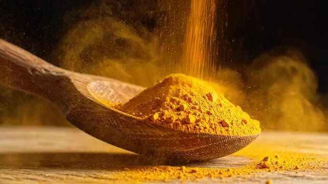 Golden turmeric powder being poured into a wooden spoon, creating a vibrant cascade of spice