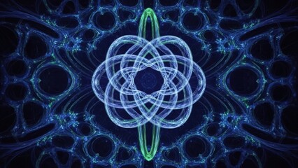 Abstract blue fractal background with a glowing digital pattern of electric energy and futuristic technology textures flowing through space like a seamless power atom