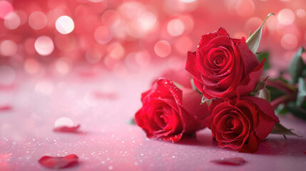 red roses, the symbol of love and romance with bokeh background for Valentine card wallpaper banner.