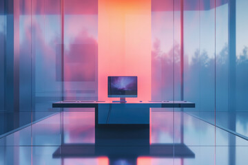 futuristic workspace, transparent holographic screens, advanced AI technology environment, modern minimal design.