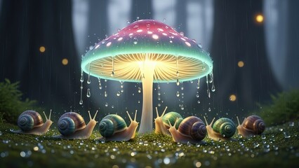 Magic Christmas tree with colorful balls in a fantasy space landscape featuring red mushrooms and green grass vector illustration