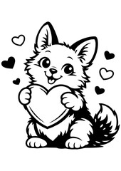 Obraz premium Cute cartoon fox holding a heart with floating hearts. Black and white vector for engraving, laser engrave, prints and Valentine’s Day projects
