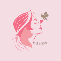 International Womens Day Illustration with Woman Profile Cat and Bee Silhouette