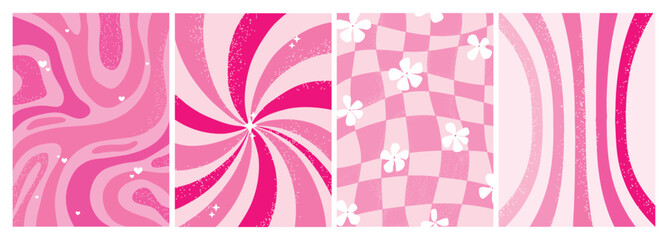Groovy wallpapers collection in pink color palette for banners, prints, cards, posters, templates, social media visuals, etc. EPS 10