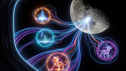 An abstract light blue background featuring glowing neon waves and fractal energy patterns creates a motion of power and technology in this artistic wallpaper design