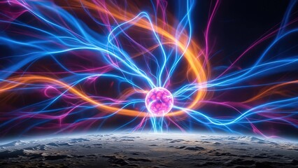 An abstract colorful background featuring glowing neon lines and swirling blue plasma energy creates a fractal wave pattern of motion and light in space