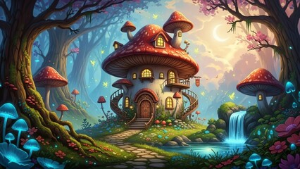 Fototapeta premium A fairy tale princess wanders toward a golden Thai temple and ancient fairy tale castle in a lush forest filled with ornate Buddhist art and giant statues of Bangkok