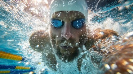 Male swimmer with goggles diving underwater, showcasing athleticism and determination in a pool
