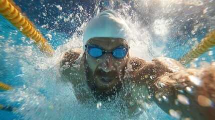 Male swimmer in action, diving underwater with splashes and vibrant blue pool background
