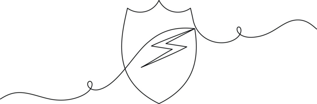Shield with electricity lighting bolt icon continuous one line drawing on white background minimalist security symbol outline vector illustration