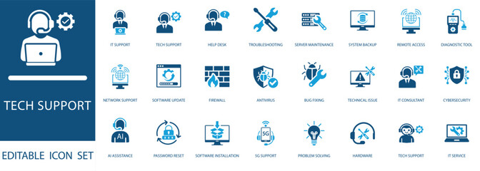 Tech support icon set. Includes customer help desk, cybersecurity, network, hardware repair, and cloud computing symbols for web and app design.