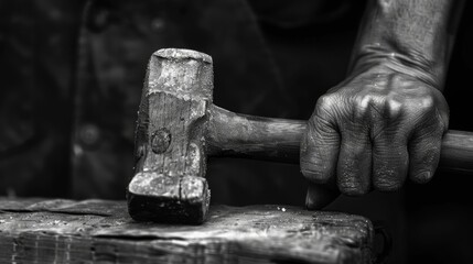 A carpenters strong grip on a hammer revealing years of determination and dedication to their craft. Black and white art