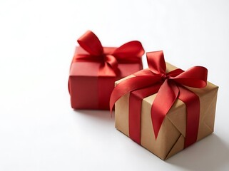 Fototapeta premium Two gift boxes with red ribbons one red one brown isolated