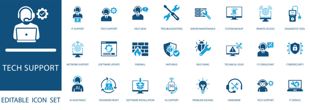 Tech support icon set. Includes customer help desk, cybersecurity, network, hardware repair, and cloud computing symbols for web and app design. - Powered by Adobe