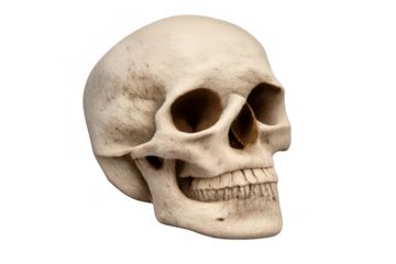 Human skull bone structure rendering representing anatomy, biology, death, mortality, and the head on transparent background