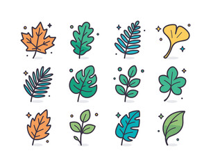 Obraz premium Colorful Leaf Icons. Leaf. Colorful isometric vector icons set of Leaf: maple leaf, oak leaf, fern frond, ginkgo leaf, palm leaf, monstera leaf, eucalyptus