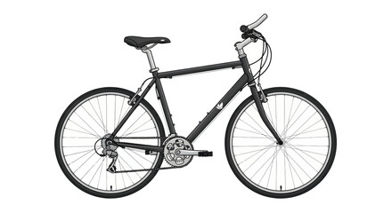 A dark-colored hybrid bicycle with a sturdy frame and visible gears.