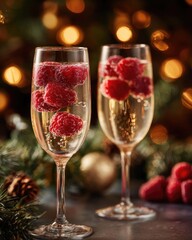 Obraz premium Two champagne flutes with raspberries in sparkling wine, set against a festive holiday backdrop. Concept Champagne Toast, Raspberry Garnish, Sparkling Wine, Festive Holiday Backdrop