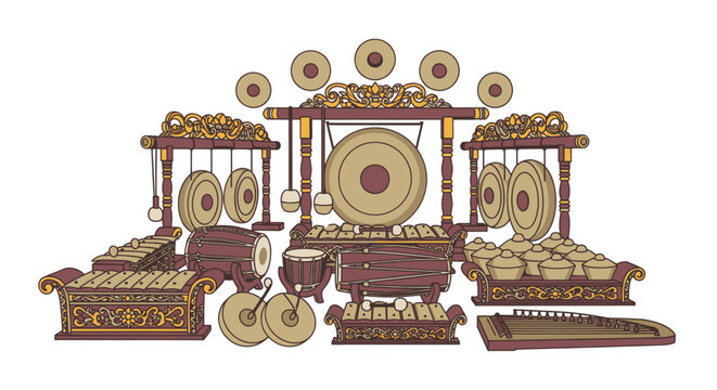 Traditional Indonesian Gamelan Orchestra Ensemble with Various Percussion Instruments.