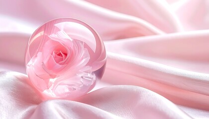 A delicate pink rose captured within a crystal sphere on soft satin fabric.