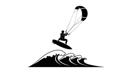 Silhouette of a kitesurfer performing a jump over ocean waves. © Berkah