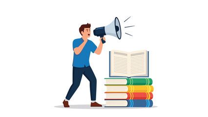 Fototapeta premium Man holding a megaphone, shouting next to an open book and stack of books, representing public announcement or educational message.