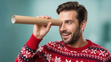 Cheerful man in festive Christmas sweater looking through cardboard tube. Searching for future opportunities and business vision concept.
