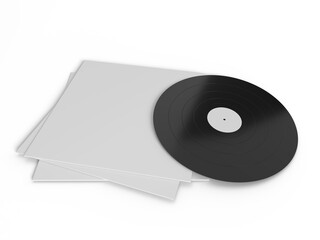 Fototapeta premium Old Vinyl CD Record Cover Package Envelope Template Mockup and stacked sleeves, clean monochrome composition for music branding, album design, record packaging, retro audio concept and copy space.