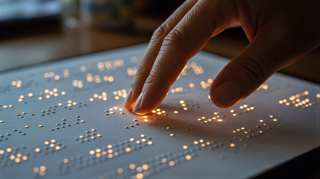 Close-up of human fingers gently reading raised Braille dots glowing softly under warm light symbolic tactile literacy concept