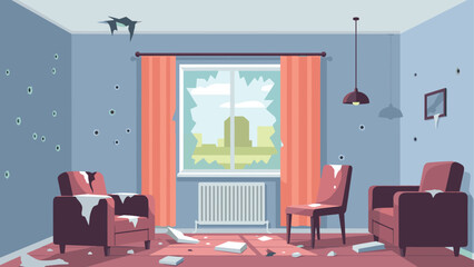 Interior room with worn furniture and broken window in flat style