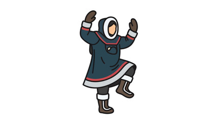 Fototapeta premium Cartoon Inuit Figure in Traditional Clothing Dancing with Arms Raised.