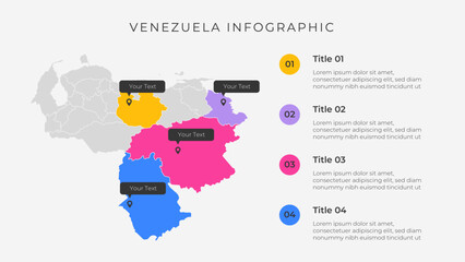 Venezuela map infographic template with 4 options. Venezuela political map infographic for presentation.