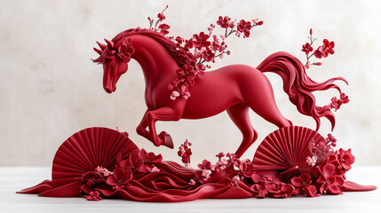 Vivid Red Horse Artwork with Flowers in Dramatic Composition