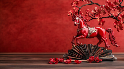 Vibrant Red Horse Statue with Blossoms and Fans in Decorative Scene