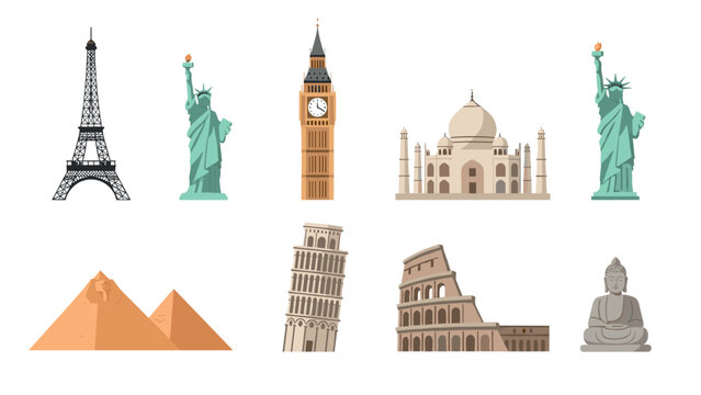 Iconic world landmarks collection featuring famous structures and monuments in flat design