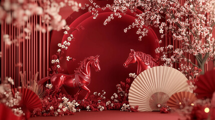 Vibrant Red Horse Statue with Blossoms and Fans in Decorative Scene