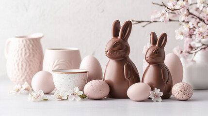 Colorful Easter Arrangement with Eggs, Chocolate Rabbits, and Flowers