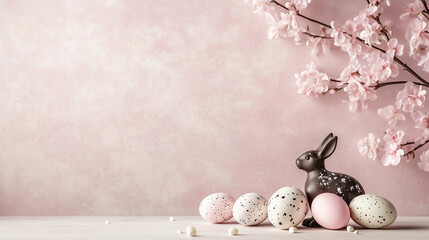 Spring Holiday Composition with Easter Eggs and Chocolate Rabbits