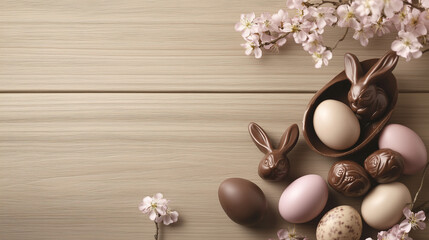Easter Eggs and Chocolate Rabbits with Blossoms in Spring Scene