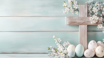 Christian Easter Decoration with Wooden Cross and Spring Flowers