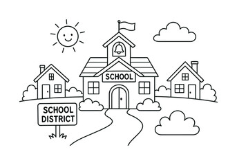 Cheerful Schoolhouse Coloring. School district children?s coloring book illustration, outlined drawing, a cheerful schoolhouse with a small district sign and