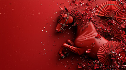 Vibrant Red Horse Statue with Blossoms and Fans in Decorative Scene