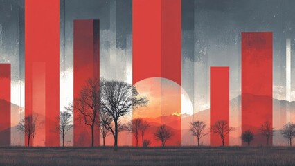 Stylized landscape with tall red rectangles like a skyline, a setting sun behind mountains, and bare trees in the foreground. Concept Abstract skyline of tall red rectangles