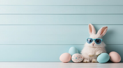 Cute Bunny Wearing Blue Sunglasses Among Colorful Easter Eggs