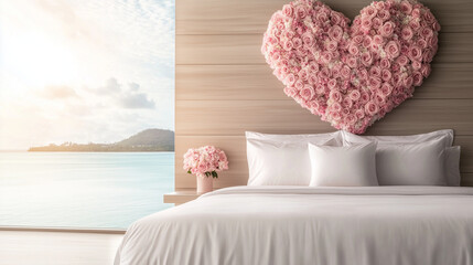 Romantic Red Rose Bed with Heart-Shaped Floral Backdrop