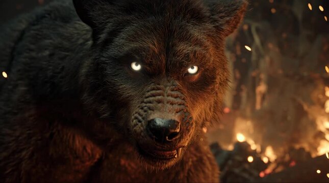 A fierce, dark wolf-like creature with glowing white eyes stares intensely amidst a fiery, smoky background.