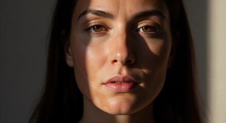 Dramatic close-up of woman's face with natural skin and freckles. Skincare and authenticity concept with strong sunlight and shadow