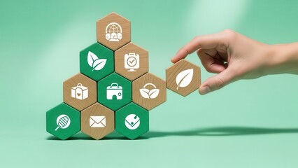 Hand placing wooden block with leaf icon into eco friendly pyramid ecology